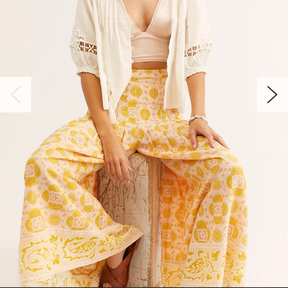 Free People Pink and Yellow Wide Leg Printed Pants